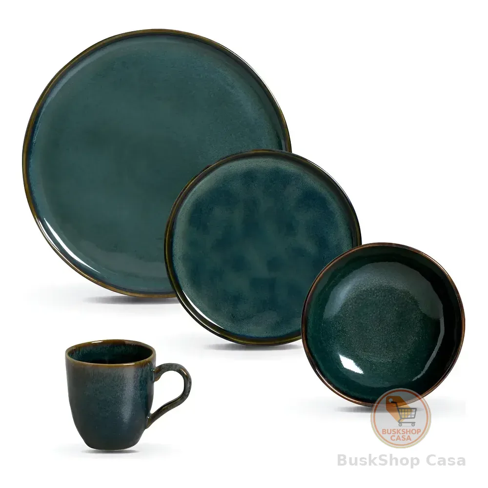 Aparelho De Jantar 16 Peças Azul Stoneware Porto Brasil Apto Lava-louças Bio Oceano
