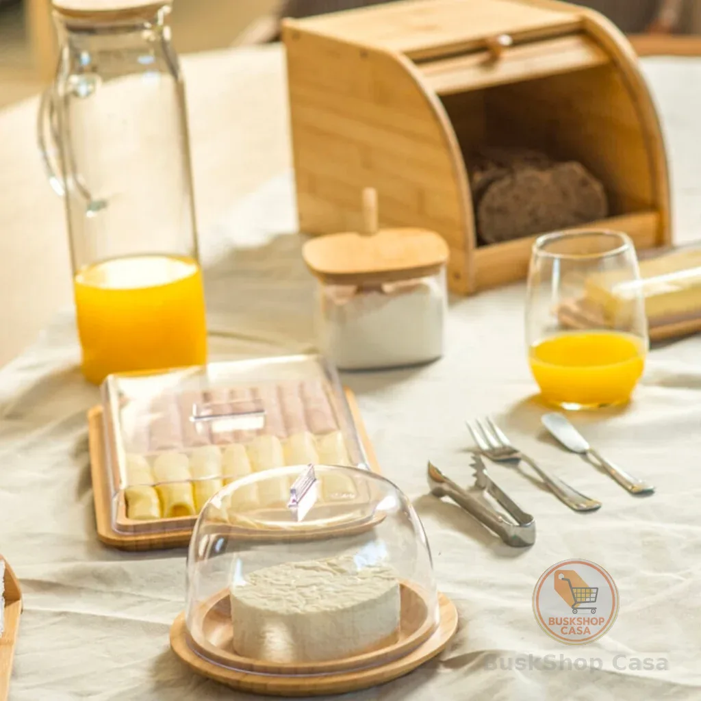 Utensílios de Bambu Cozinha Café Da Manhã Mesa Posta Queijeira Açucareiro Geladeira Madeira Sense