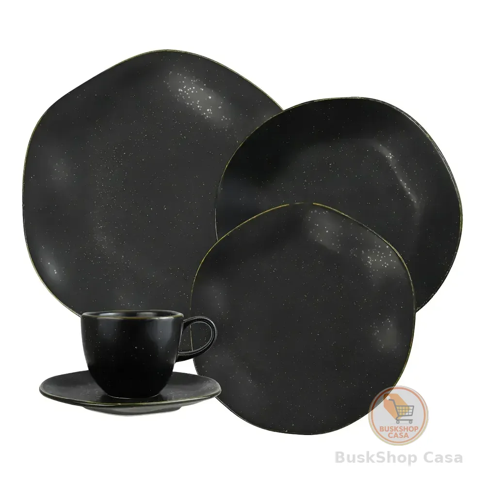 Aparelho De Jantar 20 Peças Volcano Ryo Oxford Porcelana Preto E Dourado Liso Acetinado Com Estalte Reagende