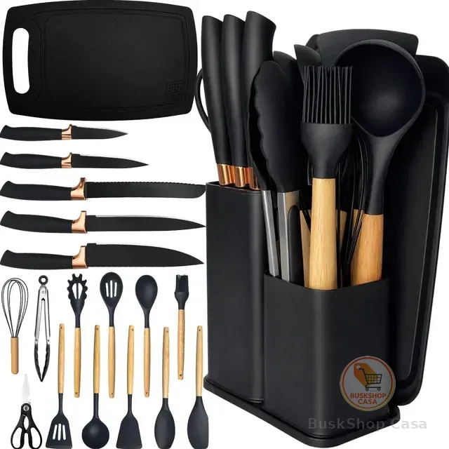 Kit Utensílios Silicone C/ Cabo De Madeira E Facas Em Inox