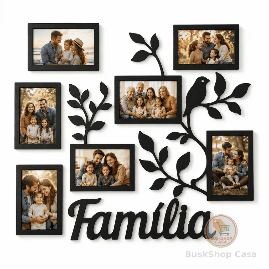 Porta Retrato Parede MDF Família 7 Fotos Decorativo Galhos Sala Quarto