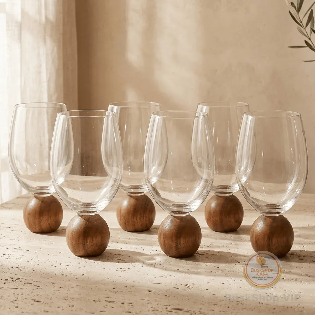 Jogo 6 Copos Mori em vidro bubble Esfera Bola madeira acácia 450ml Luxo Moderno Design Orgânico