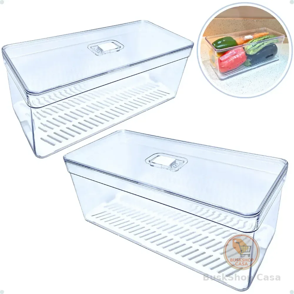 Kit 2 Organizador De Geladeira Grande 6,8l C/ Tampa E Tela Transparente