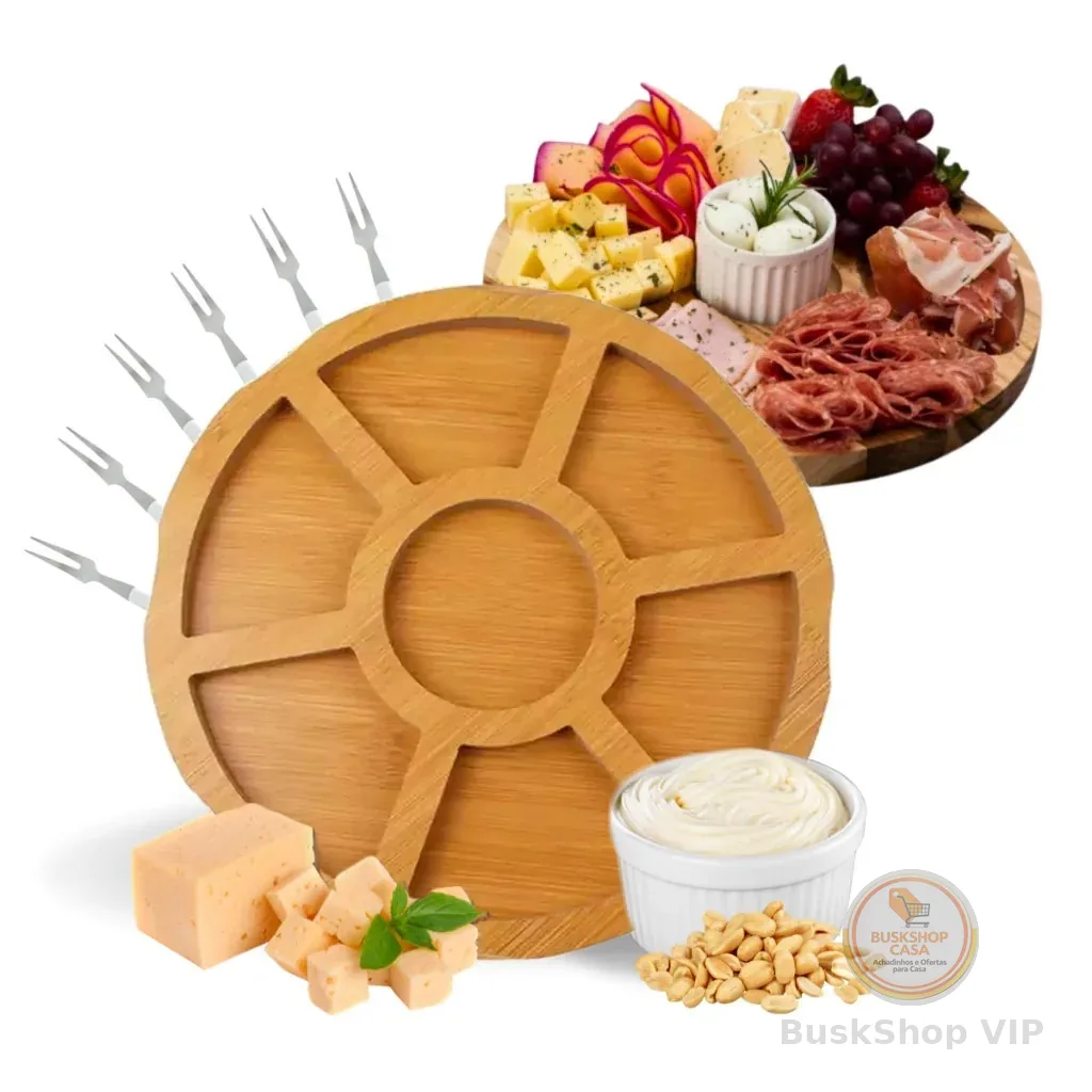 Kit Petisqueira de Madeira Redonda com Molheira Ramekin e Garfinhos para Petiscos Frios e Queijo