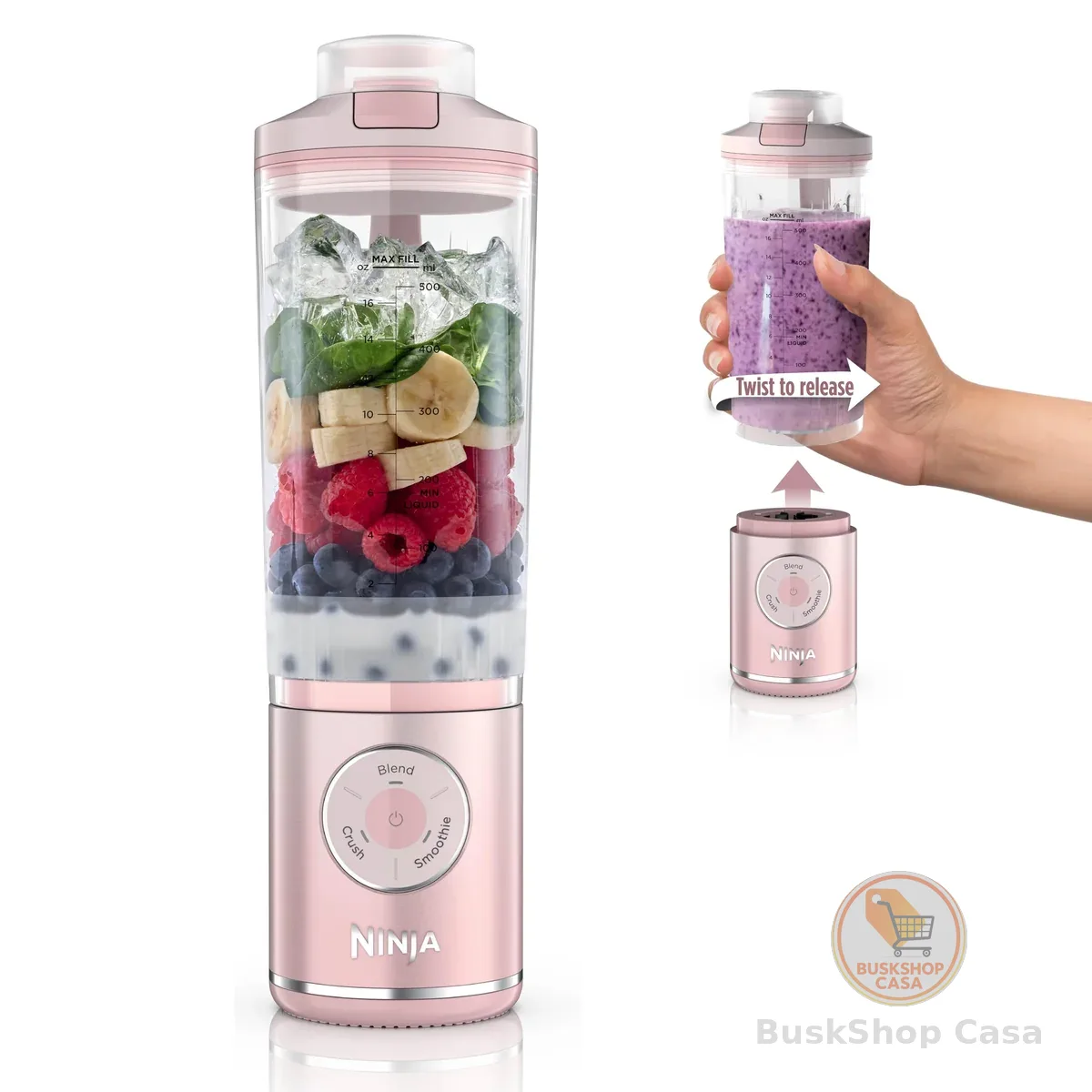 Ninja Blast Max, liquidificador portátil + Twist & Go, Smoothie pessoal, blend, Ice Crush, 3 programas, sem fio, recipiente removível de 623 g, lavável na lava-louças, à prova de vazamento, rosa