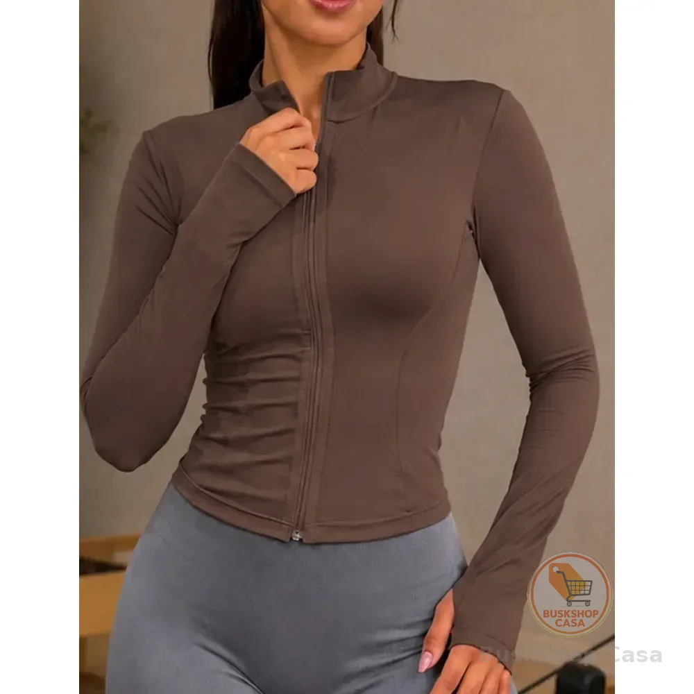 Jaqueta Yoga Fitness Feminina Zíper Manguito Academia Marrom M