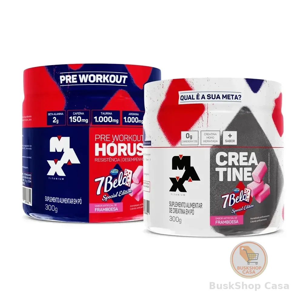 Kit Pré Treino Hórus 7 Belo + Creatina 7 Belo Max Titanium 300g Framboesa 150mg Cafeína Energia Força Performance 7 Belo - Artificial Framboesa.