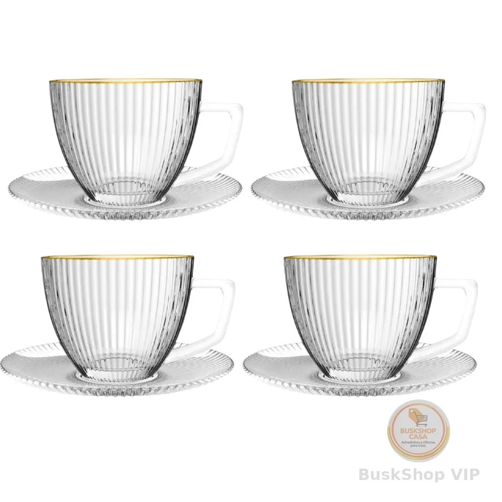 Conjunto 4 Xícaras Com Pires de Café 90ml Filete Dourado Borda Canelado Frisado
