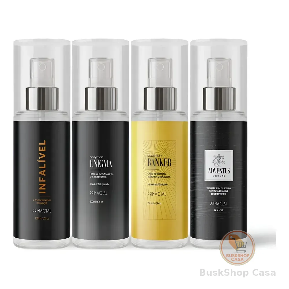 Kit Body Splash Masculino Infalivel + Enigma + Banker + Adventus 200ml - Primacial Perfume Amadeirado