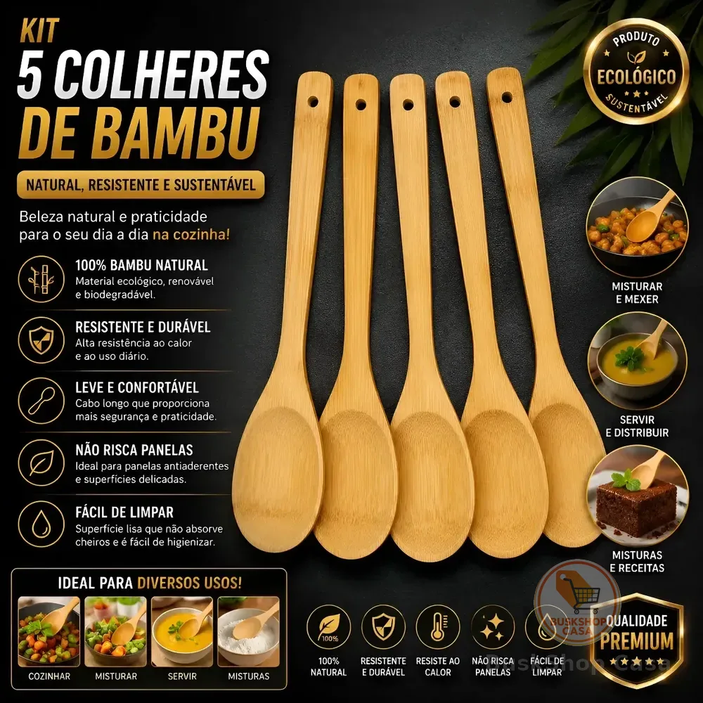 Kit 5 Colher De Bamboo Bambu Grande Ecólogica Cozinha