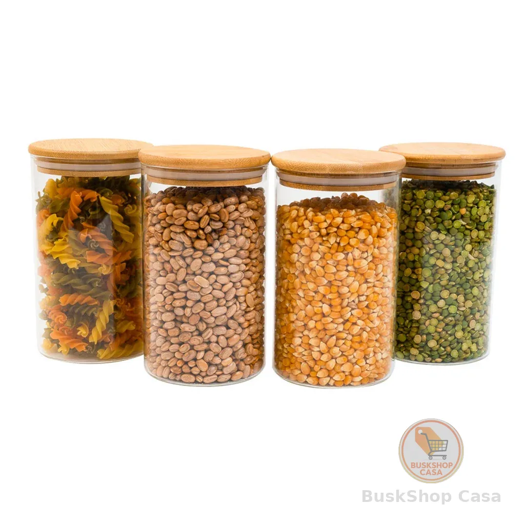 Kit 4 potes de vidro 1,1L tampa de bambu herméticos redondos - Tüd