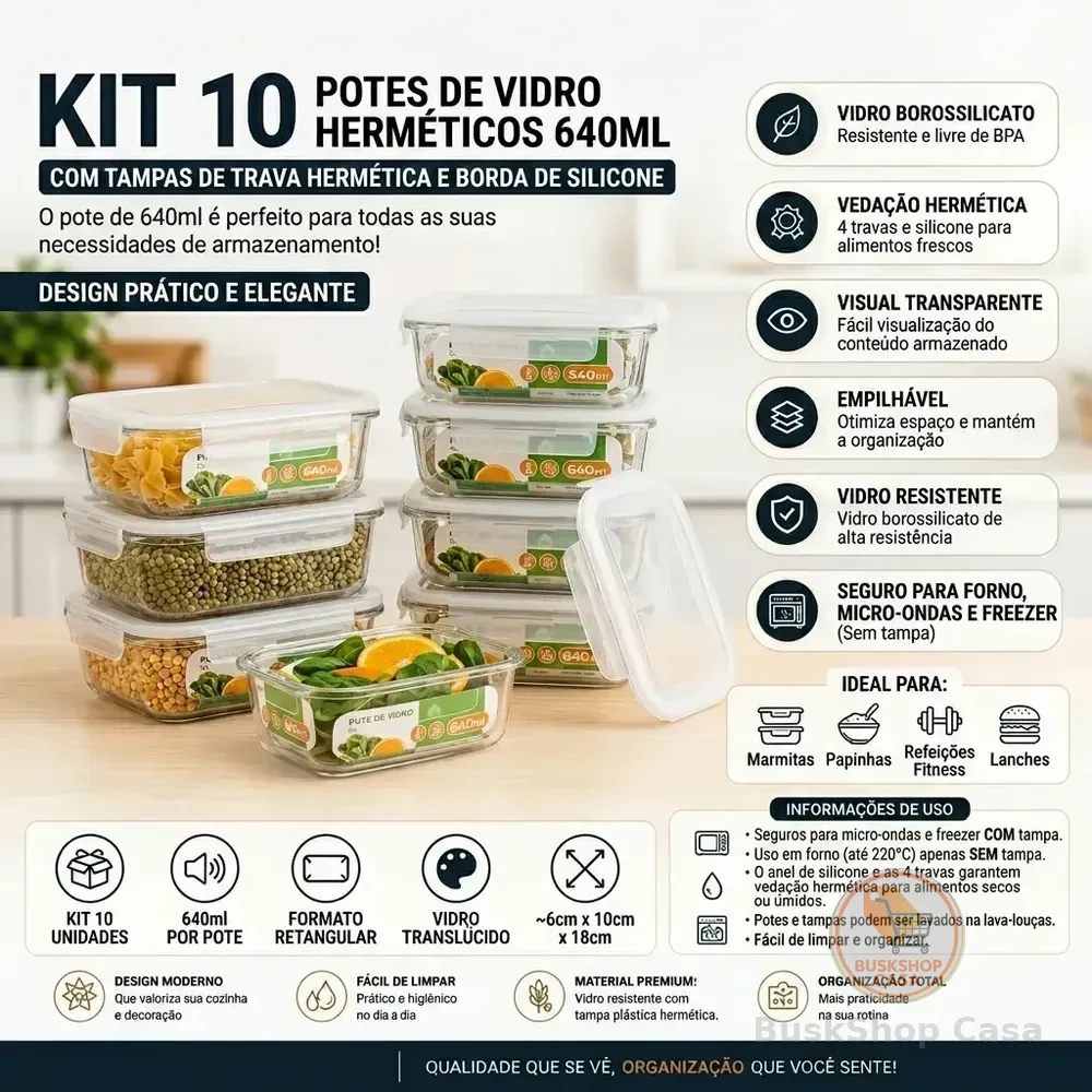 Kit 10 Potes Herméticos De Vidro 640ml Haushop Tampa Vedação Firme Para Geladeira E Despensa Organização Da Cozinha Transparente