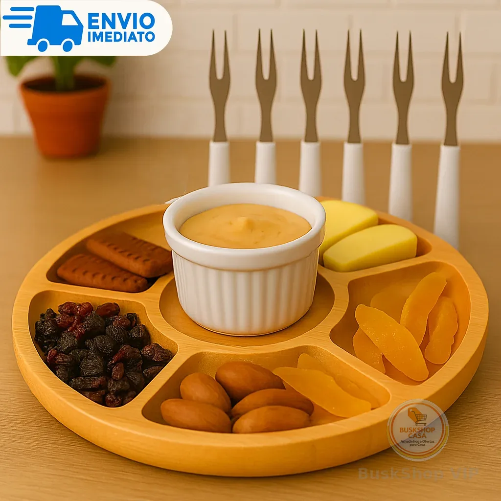 Kit Petisqueira + Molheira Ramekin e 6 Garfinhos para Petiscos Frios Queijo Churrasco