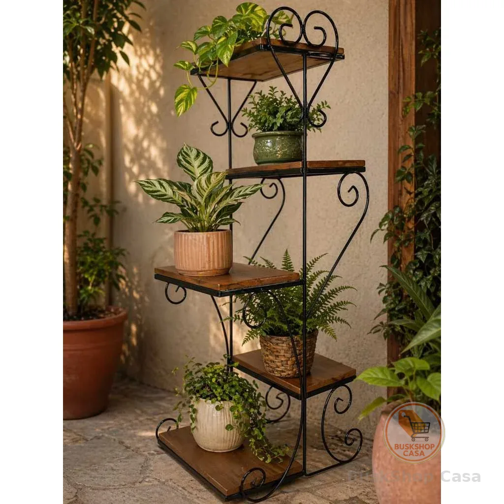 Floreira Estante 5 Andares Ferro E Madeira Rústica Vertical Suporte Para Plantas Decoração Jardim Sala Reforçada Preto