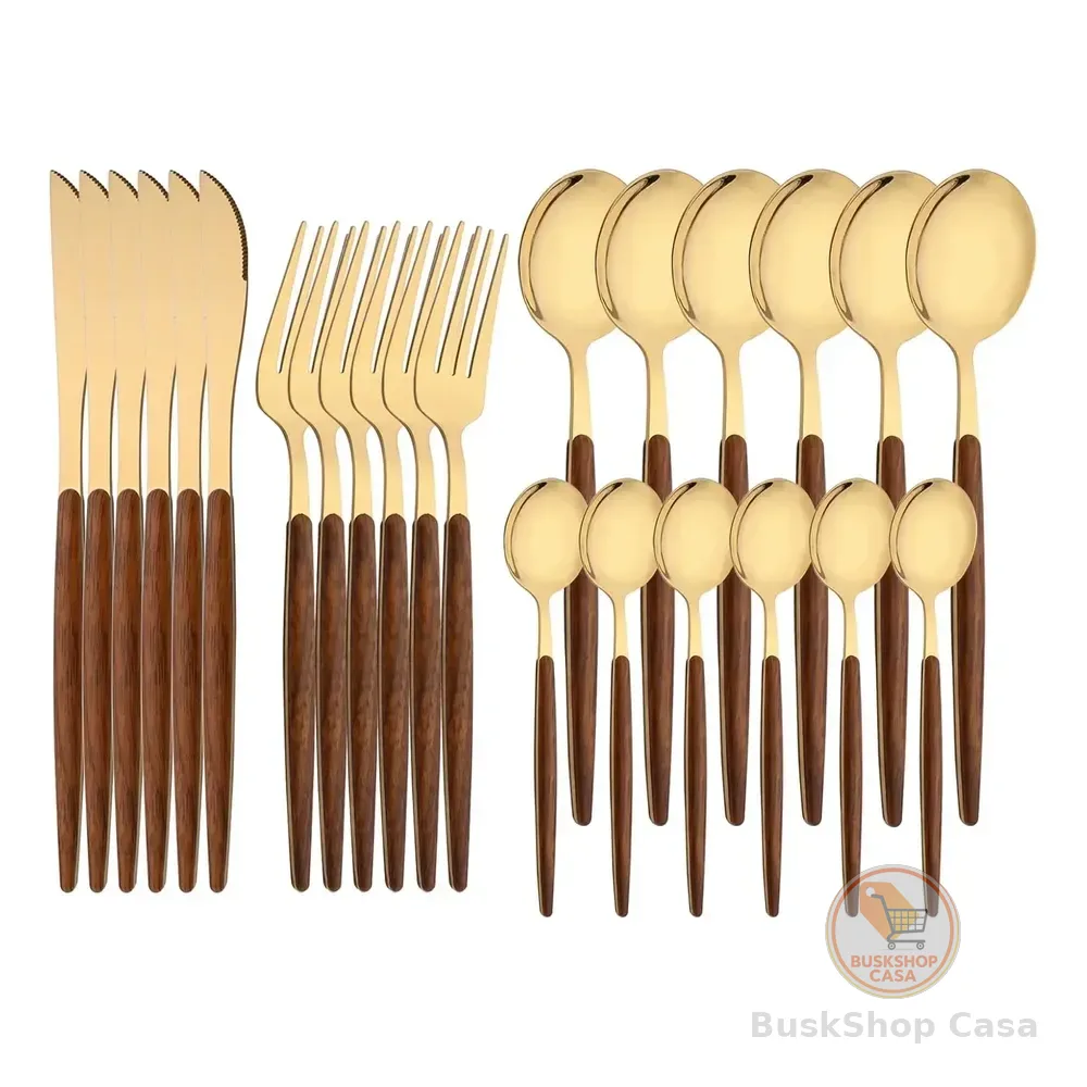 Conjunto De Talheres De Aço Inoxidável Dourado Com 24 Peças