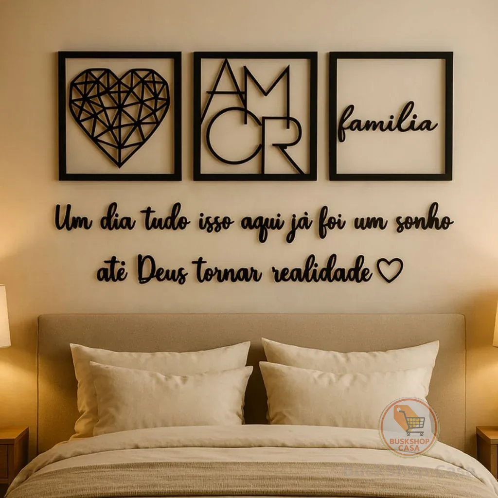 Kit 3 Quadros Cabeceira Familia Coração Geométrico Amor + Frase de Parede Variados Sala + 2 Mini aplique coração