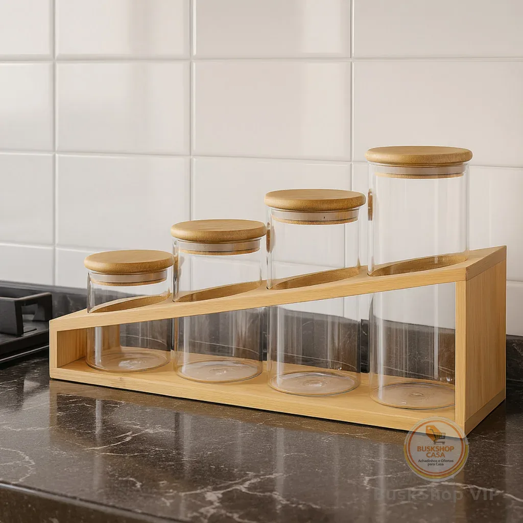 Jogo de 4 porta condimentos em vidro boro com tampa e suporte em bambu 350ml/500ml/700ml/850ml