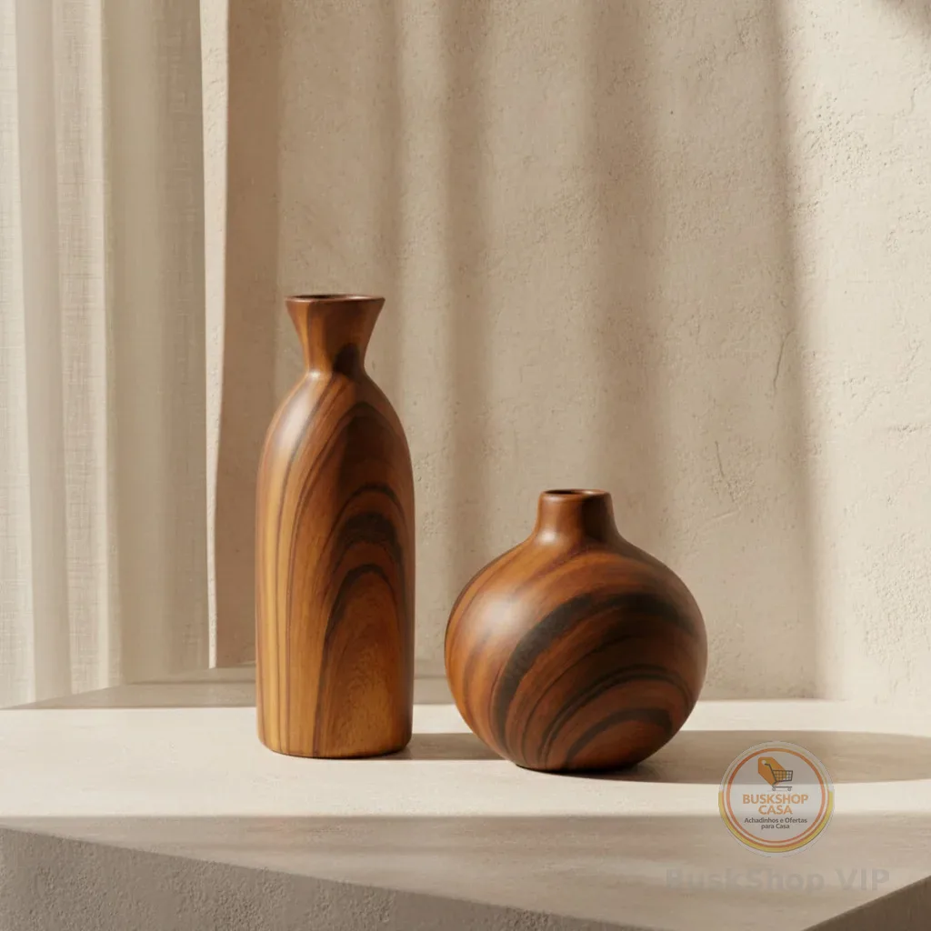 Jogo de 2 Vasos Decorativo em Cerâmica Estilo Madeira Marrom 23cm e 15cm