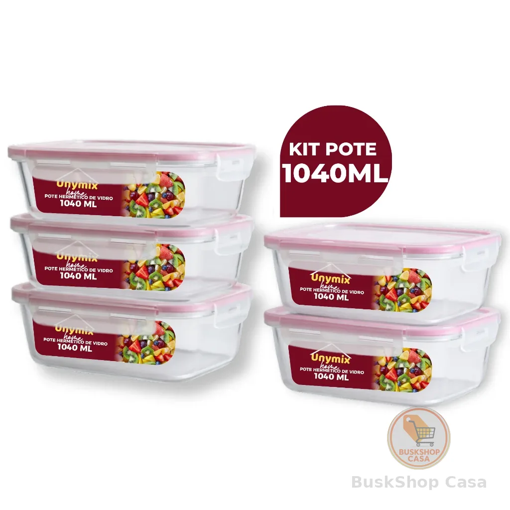 Kit 3/5/10 Potes Vidro Hermético 1040ml Retangular 4 Travas Transparente Premium