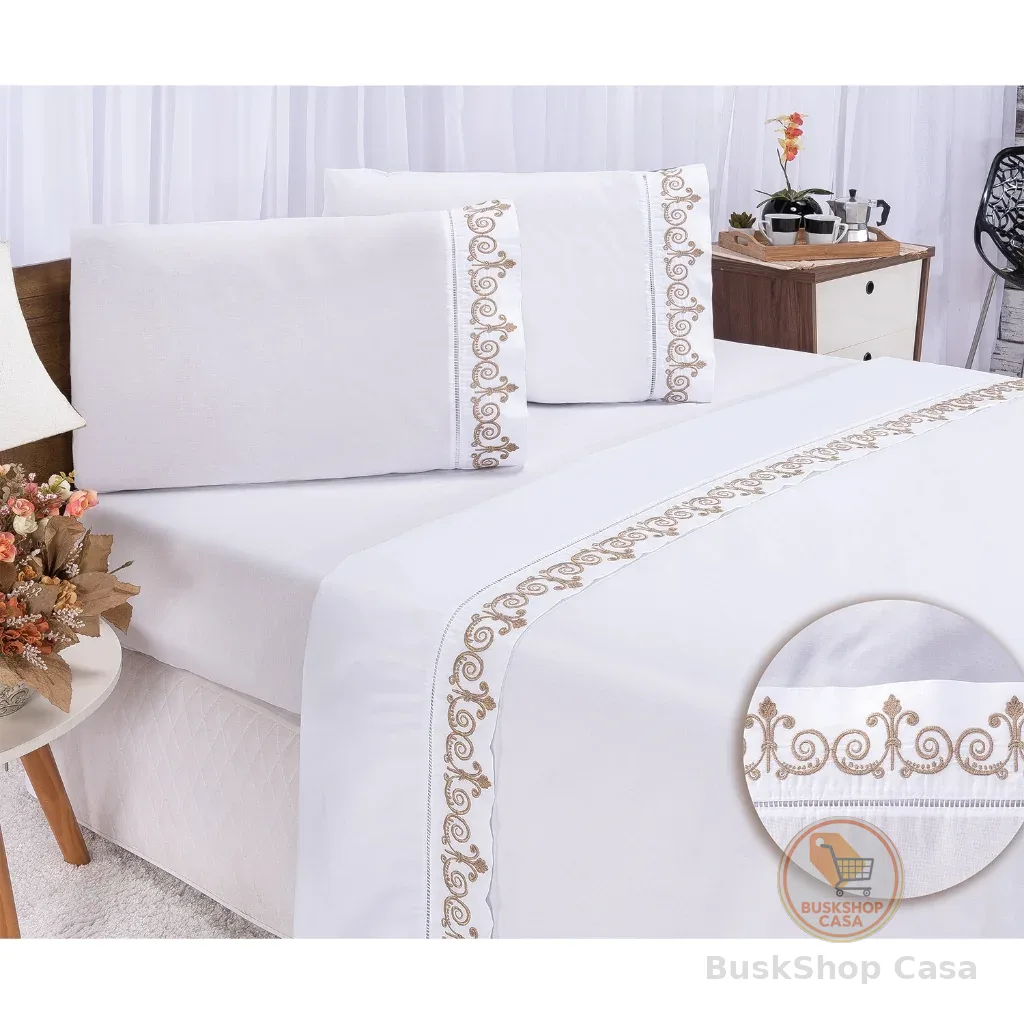 Jogo de Lençol Bordado para Cama Casal Queen Percal 400 Fios Toque de Algodão 4 peças