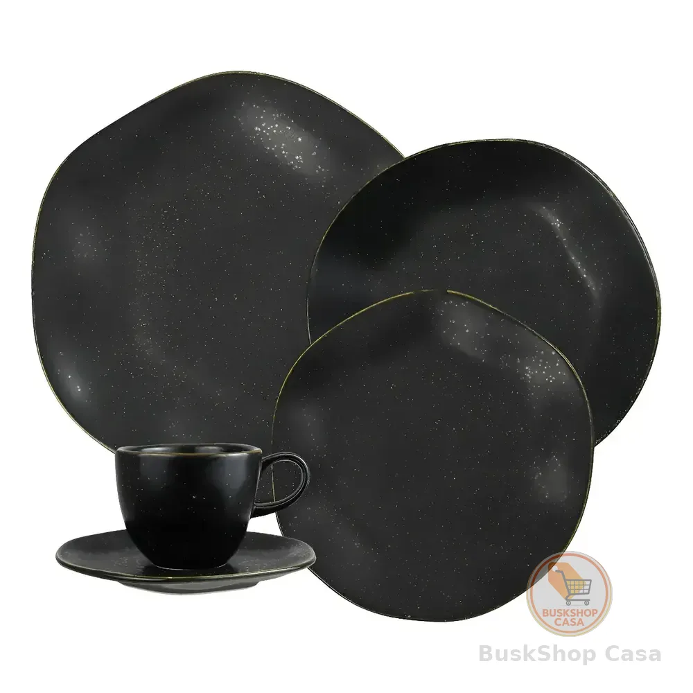Aparelho De Jantar 30 Peças Volcano Oxford Ryo 151147 Porcelana Preto E Dourado Liso Acetinado Com Estalte Reagende