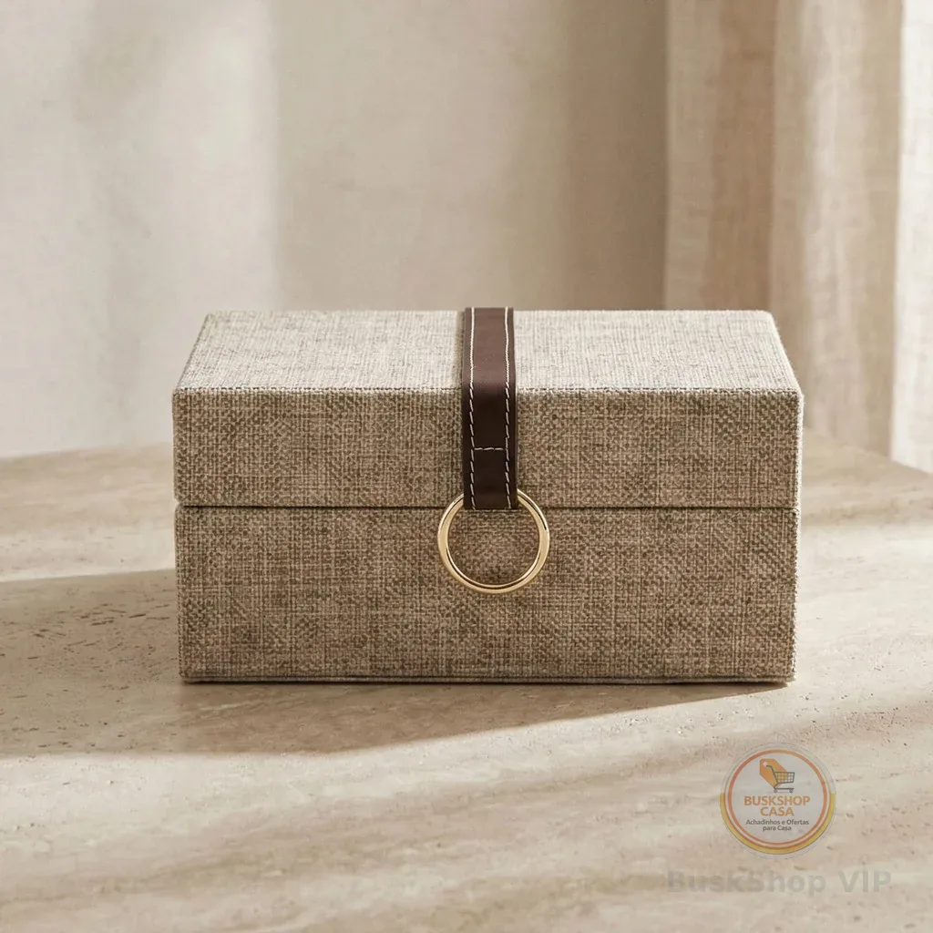 Caixa Decorativa Tecido Linho Marrom Detalhe Couro e Argola Luxo Organizadora Premium 18x12,5x7,5cm