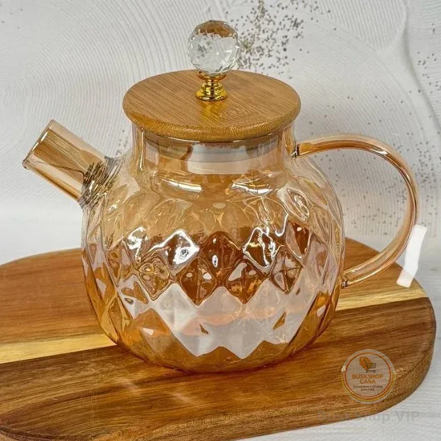 Chaleira De Vidro Bule que vai ao fogo 1 Litro Com Tampa de Bambu natural Com Cristal Vai ao fogo