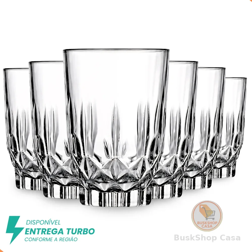 Jogo de Copos de Vidro Trabalhado 230ml Luxo | Kit para Drinks Água Suco | Design Elegante Mesa Posta