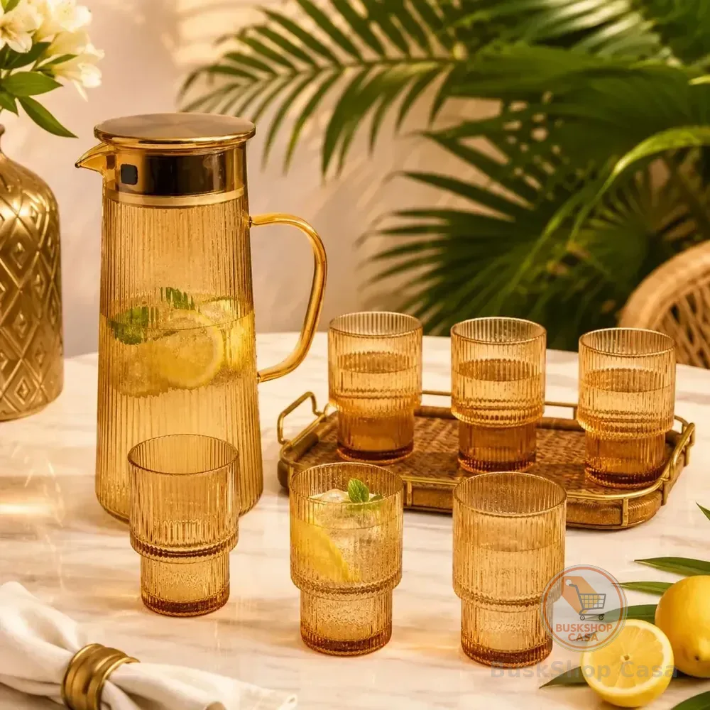Jogo De Jarra 1,2l Com 6 Copos 200ml Vidro Âmbar Canelado