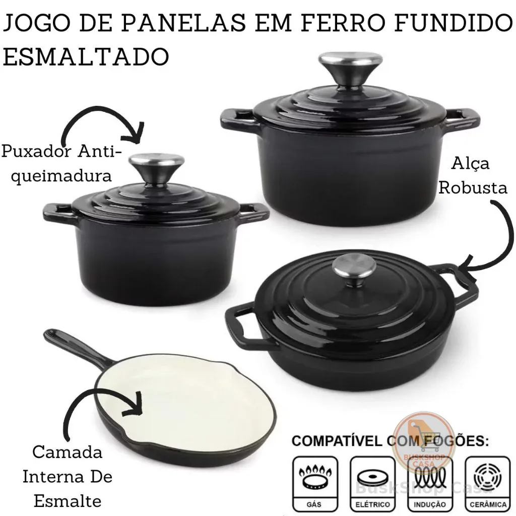 Jogo De Panelas 4 Peças Ferro Fundido Esmaltado Indução Gás Conjunto  Caçarola Frigideira