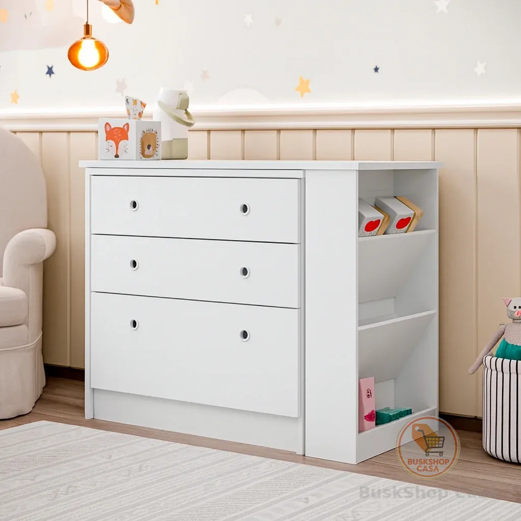 Cômoda Giratória 3 Gavetas Branco Quarto Infantil bebe Organizadora Gaveteiro com trocador Multiuso