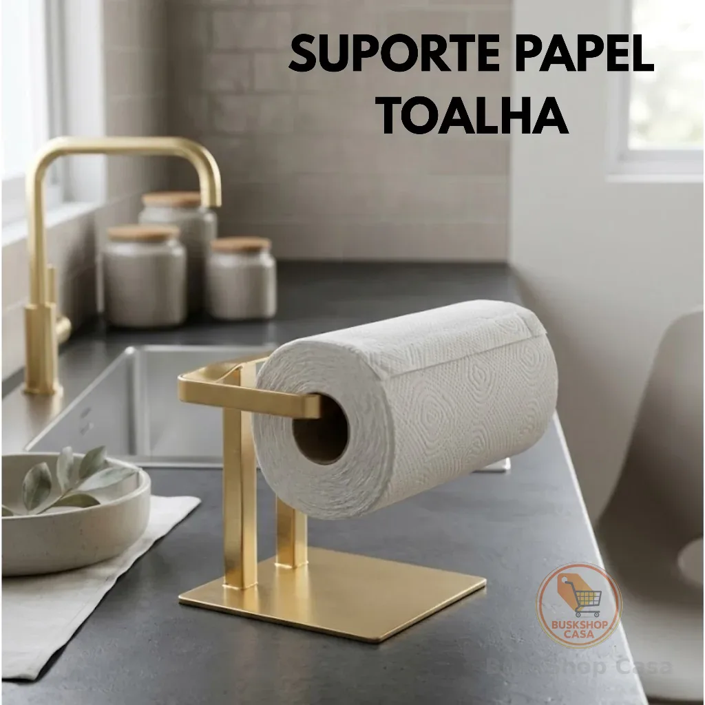 Suporte Papel Toalha Mesa Bancada Aço Premium Design Moderno Luxo Atual Pratico Preto Dourado Prata