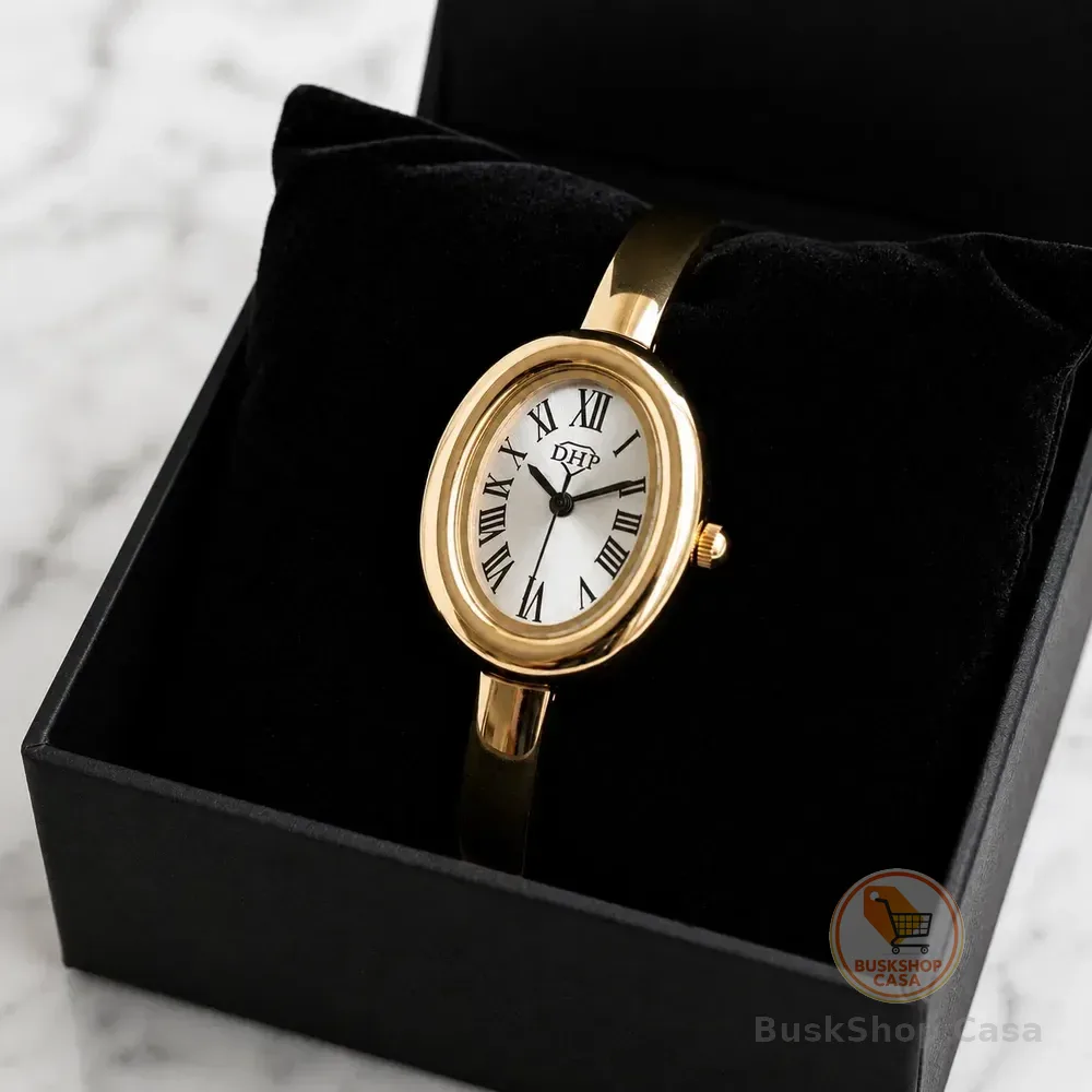 Relógio Feminino Pulseira Luxo Premium Minimalista Bracelete Dourado Cx Branca