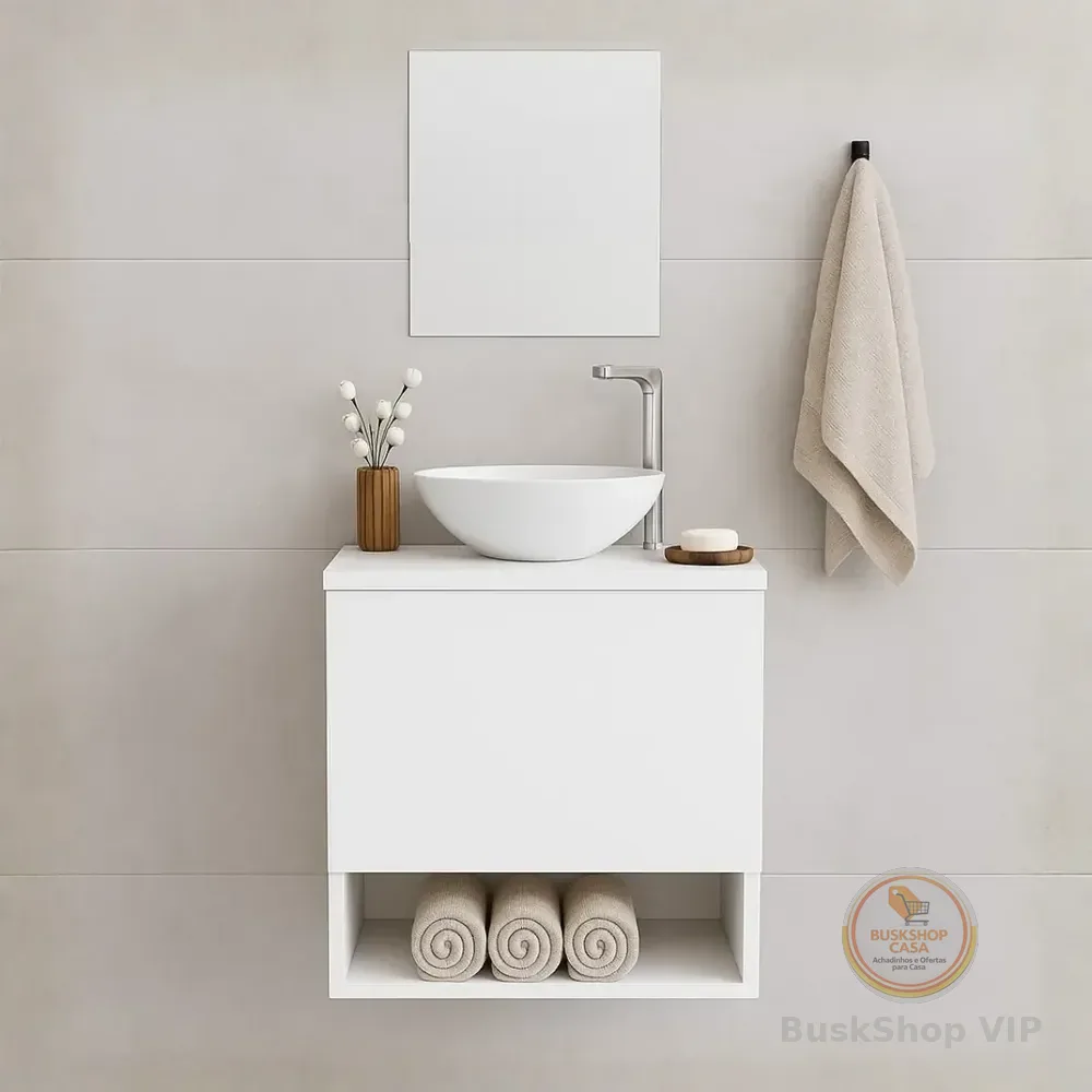 Gabinete Para Banheiro 40cm Com Cuba E Espelho Armário Suspenso Lavabo Completo Branco Um Furo