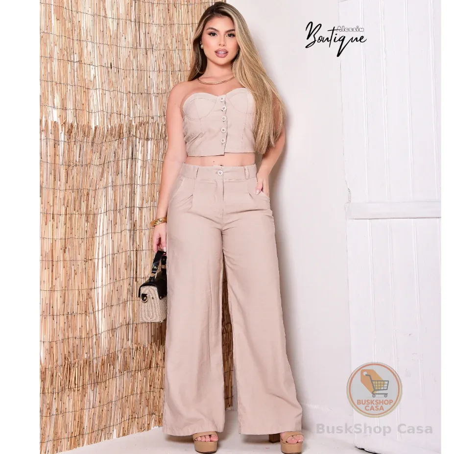 CONJUNTO  FEMININA CALÇA pantaloa E CROPPED com botão EM TECIDO MARRANT