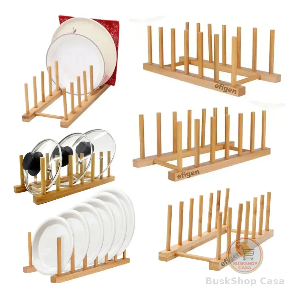 Kit 3 Escorredor Madeira Suporte Pratos Louca Copos Bancada Multiuso Bambu Organizador Cozinha Bar Restaurante 6 Divisórias - Efigen