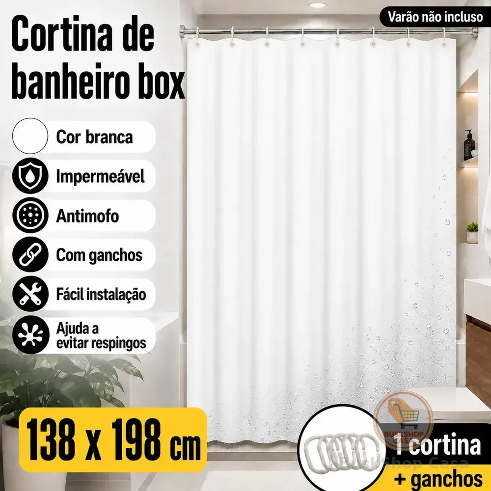 Cortina De Banheiro Box Impermeável Antimofo C/ Ganchos Cor Branca Branco