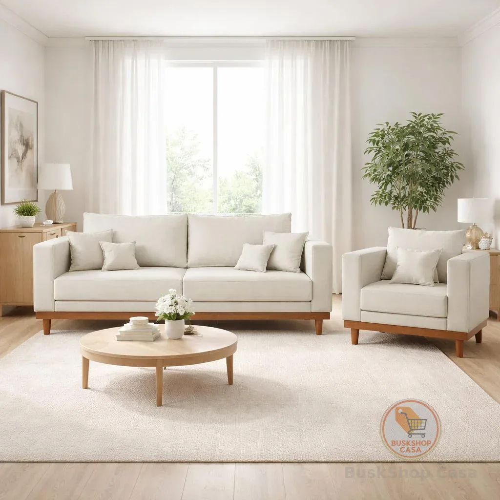 Kit Poltrona Living + Sofá 2 Lugares com Base Madeira Suede