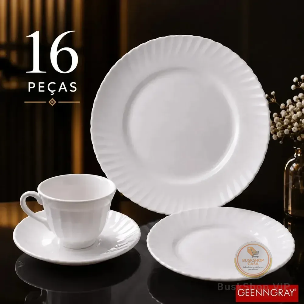 Aparelho De Jantar + Jogo Chá 16 Peças Completo Vidro Temperado Branco Resistente Moderno Elegante Geenngray Lisa