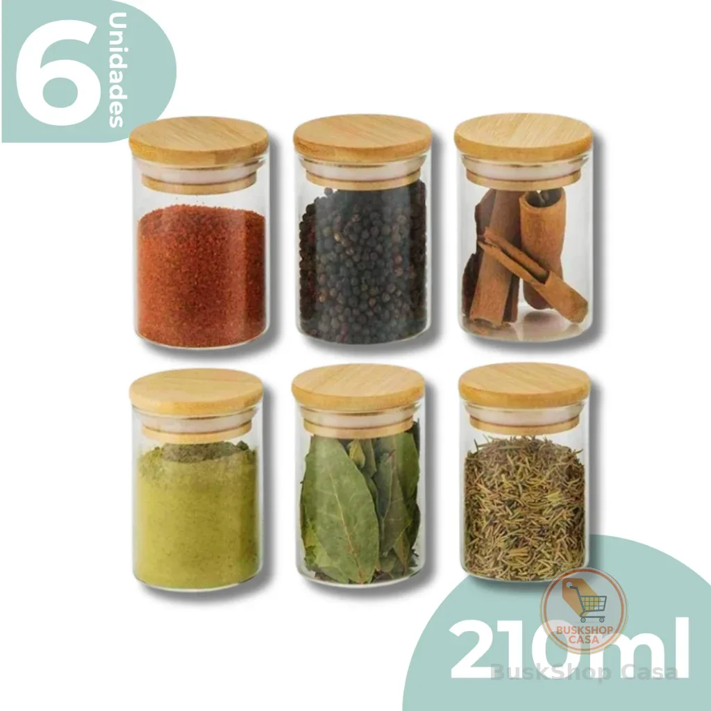 Kit 6 Pote De Vidro Porta Tempero Mantimentos Redondo Borossilicato Tampa De Bambu 210ml