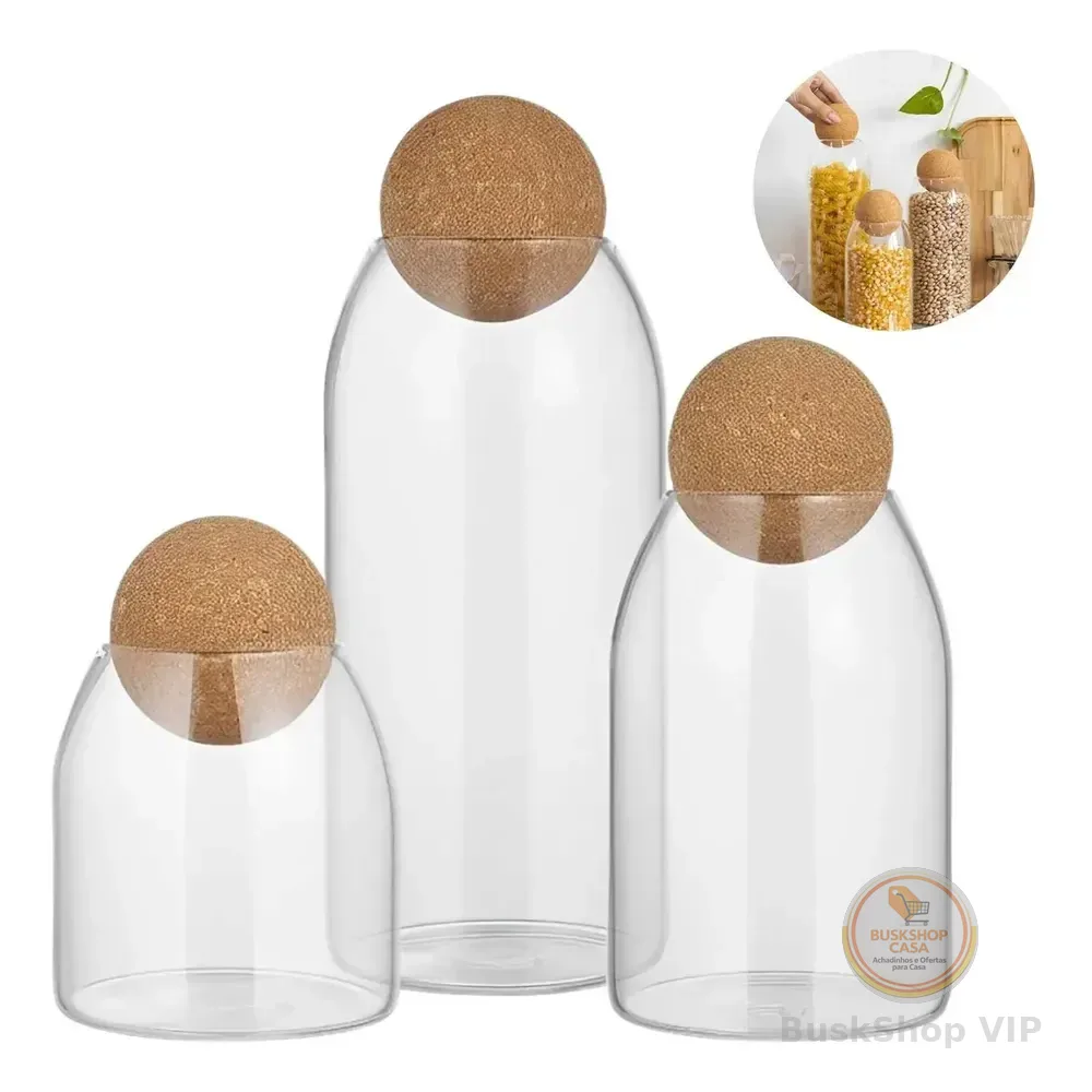 Kit 3 Potes Herméticos Luxo Vidro E Cortiça Para Mantimentos Transparente