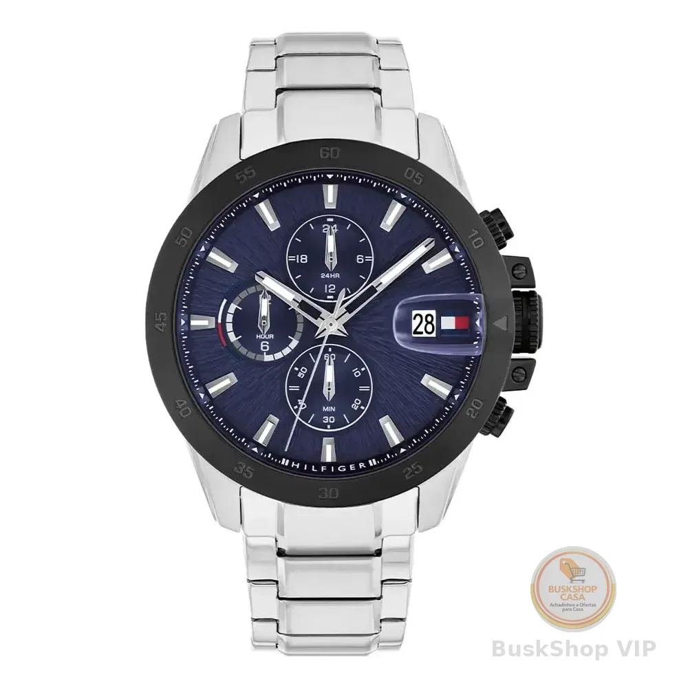 Relógio Masculino Tommy Hilfiger Th1792198 Silver Dylan Bezel Preto Azul Fundo Prateado