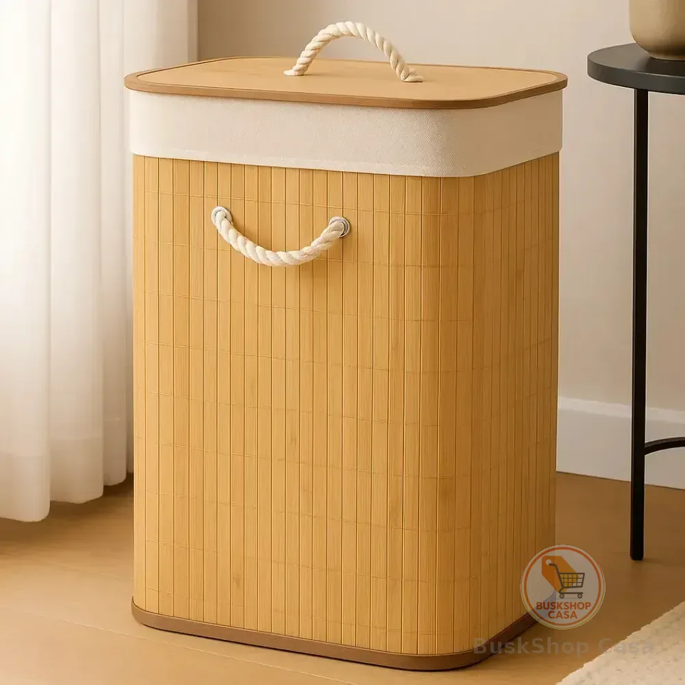 Cesto De Roupa Suja Bambu Retangular Tampa 72l Alça Forrado Bege Liso