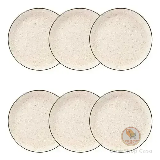 Conjunto de 6 Pratos Sobremesa 20cm Duna Flat Oxford Bege com Borda Marrom