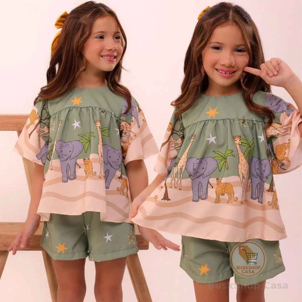 Conjunto Infantil Menina Estampado Cores Verão Casual Festa Aniversario Blogueirinha Short e blusa