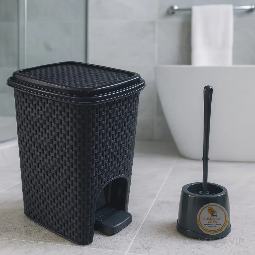 Combo Lixeira Rattan Preta 7 litros com  Escova Sanitária Reforçada Preto e Branco c/ Pedal Banheiro