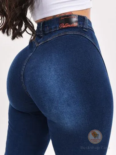 Calça Jeans Feminina Cintura Alta Skinny Sem Bolso Levanta Bumbum Com Lycra