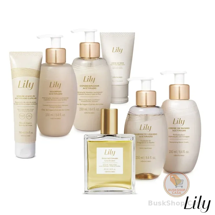 Linha Lily Acetinados (o Boticário): Shampoo, Condicionador, Óleo Multifuncional, Creme Mãos, Leave-in, Creme Banho +