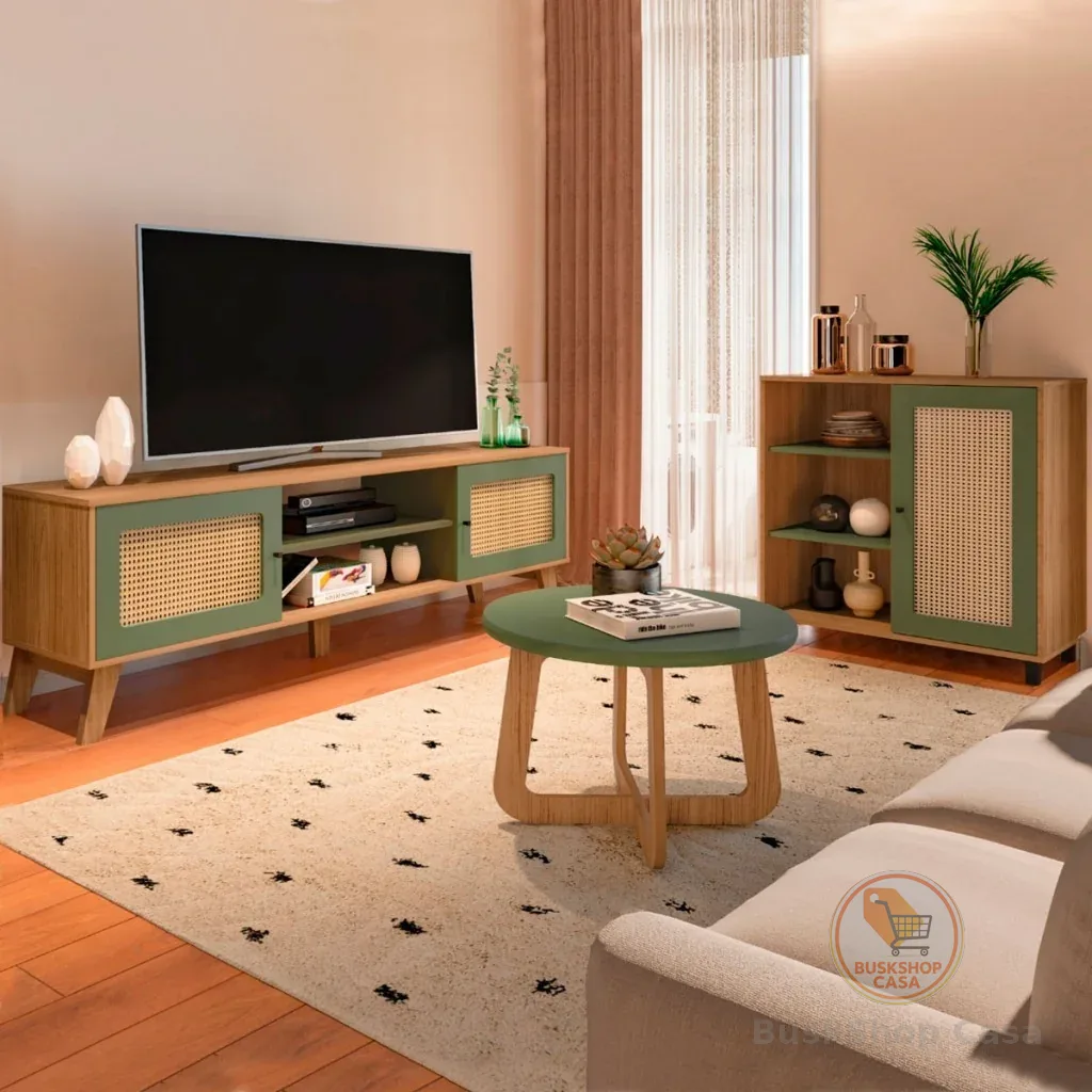 Sala de Estar Completa para TV Até 75 Polegadas Charlotte 3 Portas 3 Prateleiras Carvalho/Menta - Pnr Móveis
