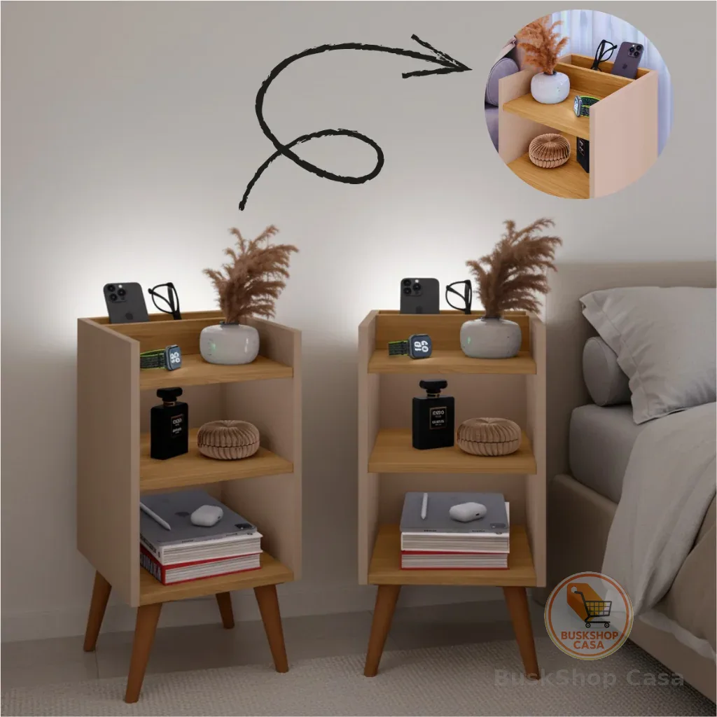 Kit com 2 Mesa de Cabeceira Nicho Organizador, pés retrô em PVC e Porta-Celular Max